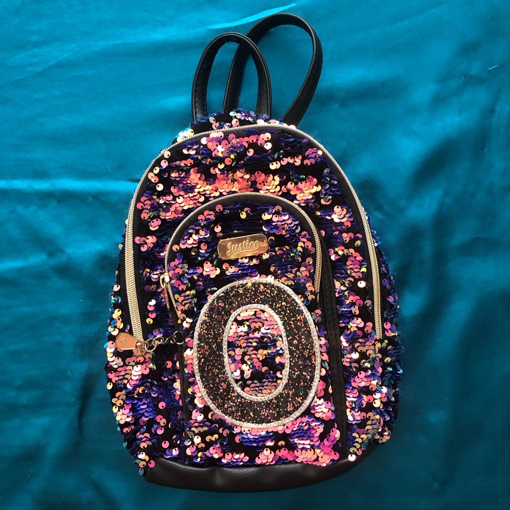 Girl’s Justice Sequin Backpack Letter O Purple Pink 2 Pockets Adjustable Straps